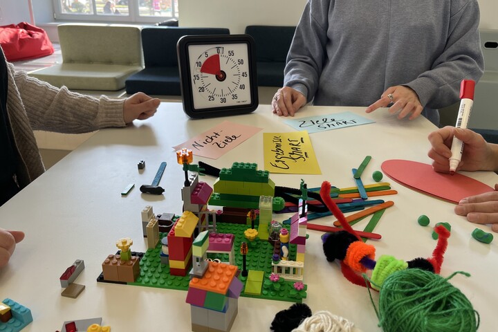 Design-Thinking-Tools im ExpLAB im Bibliotheksbereich Schloss Schneckenhof: Legosteine, Wolle, Karten, Stifte und ein großer Timer.